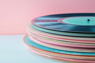 A stacked, colorful collection of vintage vinyl records against a pastel pink background, evoking a sense of nostalgia and music history.