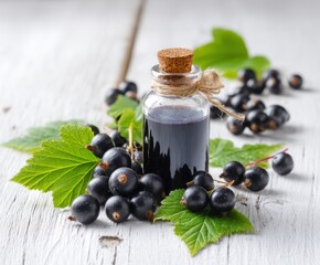 Essential oil, blackcurrant berries on a white table,