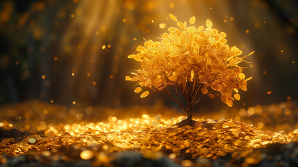 Golden Coin-Leaf Tree Growing Skyward with Velvet Backdrop and Cinematic Lighting, Baroque HDR Macro Photography
