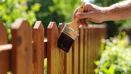 Hand staining brown garden fence outdoors high resolution photo