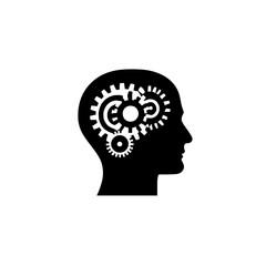 A black icon depicting a man's head and a cogwheel is set against a white background, featuring a silhouette of the head and gear wheel in a flat design style