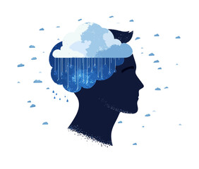Mental health is symbolized by clouds and raindrops within one's mind