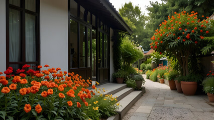 Plant decorative flowers in front of the house.