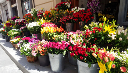 Naklejka premium A vibrant flower display overflows from buckets and baskets on a city street. Abundance and natural beauty showcase florist creativity. Ideal for spring, love, and retail concepts.