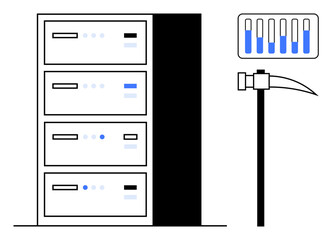 Data storage servers with analytical indicators alongside a mining pickaxe suggesting cryptocurrency mining. Ideal for technology, fintech, cryptocurrency, blockchain, data storage, network