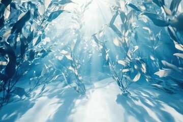Obraz premium Underwater scene with light rays filtering through seaweed, creating a peaceful and ethereal ambiance in shades of blue.