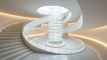 Modern architectural interior featuring spiral staircase and sculptural centerpiece
