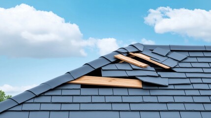 Damaged Roof with Missing Shingles Against a Blue Sky and Clouds