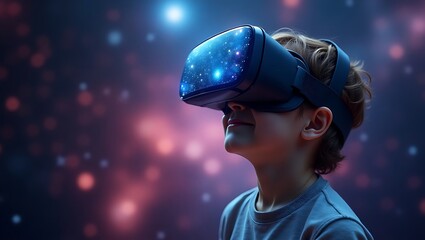 Child Exploring a Digital Galaxy Using Virtual Reality Headset Technology