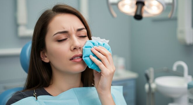 Woman holds ice pack for toothache in clinic