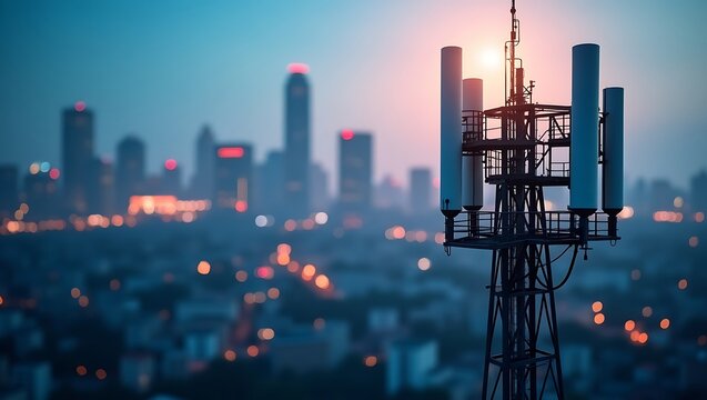 Cellular communication tower at twilight with a city skyline backdrop
