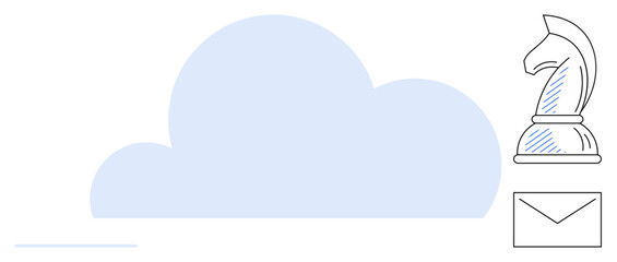Blue cloud, knight chess figure, envelope. Ideal for strategy, cloud computing, digital communication, planning, online security innovation teamwork. Flat simple metaphor