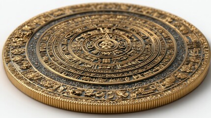 Obraz premium Intricate Golden Circular Artifact with Ancient Symbolic Patterns and Hieroglyphs Ideal for Hi