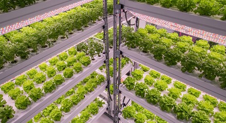 Vertical farming racks lit with full-spectrum LEDs and hydroponics systems. Captured from above, high detail.