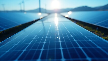 Photovoltaic Array at Dawn for Clean Energy Generation on an Open Field