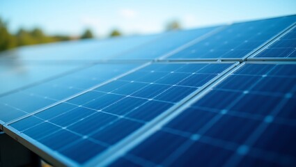 Array of Blue Solar Panels Generating Green Electricity for Sustainability