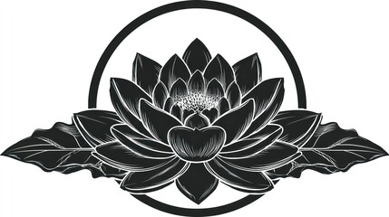 Fototapeta premium Monochrome Lotus Flower with Intricate Petals and Leaves in a Circular Frame