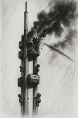 Charcoal strike - A dramatic charcoal drawing of a broadcast tower struck by a cruise missile during a hypothetical war, showing shattered upper sections and climbing sculptures, with stark contrasts 