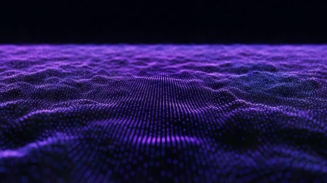 Fundo em high-tech motion com pontos pulsantes em roxo e azul sobre fundo preto, em formato de v&iacute;deo footage