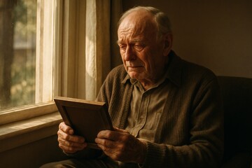 Senior Man Reflects on Lost Loved One Holding Photo with Deep Emotions