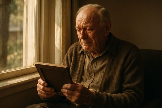 Senior Man Reflects on Lost Loved One Holding Photo with Deep Emotions