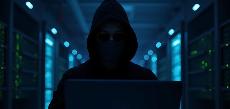 Cybernetic Intrusion: Hooded Hacker Exploiting Server Room Infrastructure - Powered by Adobe