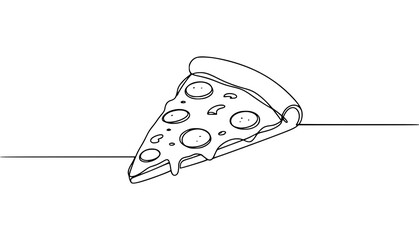 Single line illustration of a slice of pizza, minimalist style, black outlines on a white background.