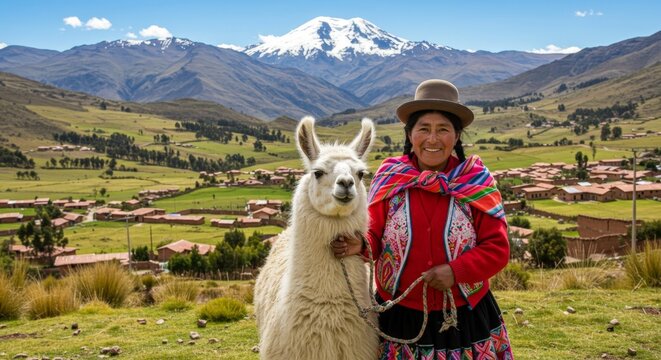 Bolivian woman with llama in mountain landscape