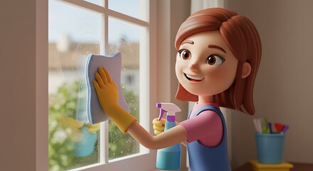 Cartoon Woman Cleaning Window