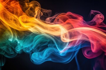 Obraz premium Abstract flowing colorful smoke plumes against a dark background, transitioning from blue to yellow and red hues.