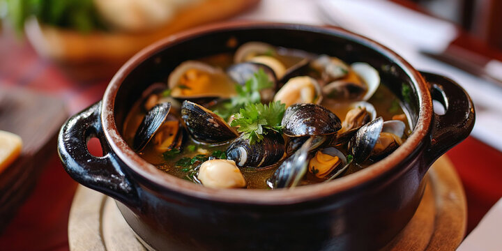 Caldo de sururu or mussel soup on the table