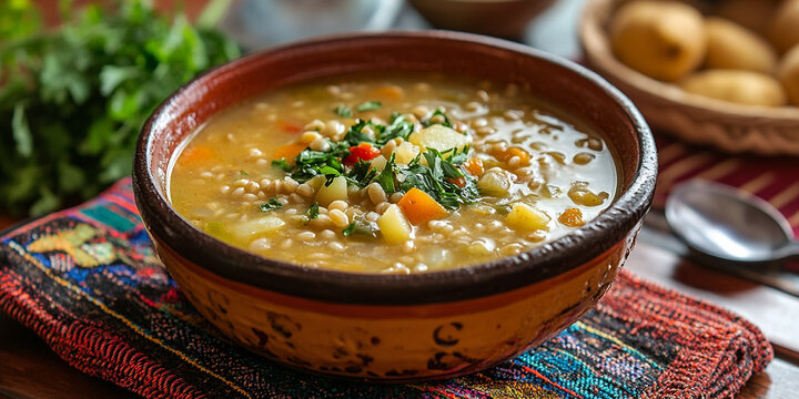 Chairo andean barley and potato soup on the table