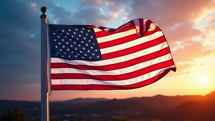 American flag waves proudly against a sunset, symbol of freedom and democracy