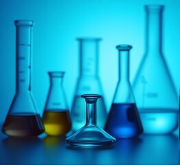 Laboratory glassware with liquids of different colors in a blue light