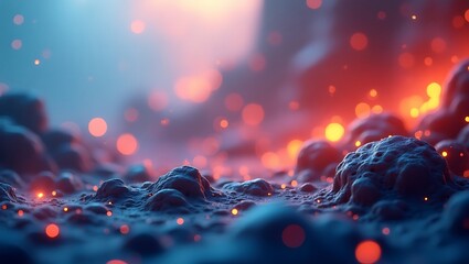 Mystical Land Surface with Nebula Dust and Bright Sparkling Fireflies Effect