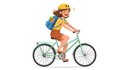 Obraz premium Illustration of a Happy Girl Cycling with Backpack