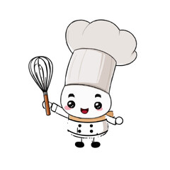 Cartoon chef character with a tall white hat holding a whisk and smiling with rosy cheeks and small legs