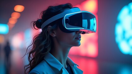 Woman Exploring Virtual Worlds with High-Tech VR Headset and Futuristic Lighting
