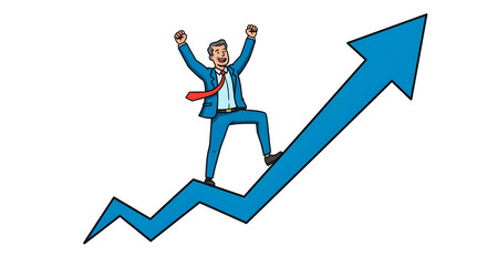 Obraz premium Cartoon Businessman Celebrating on Growth Chart Arrow