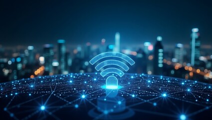 Connected world with wifi signal and digital mesh overlay on cityscape background