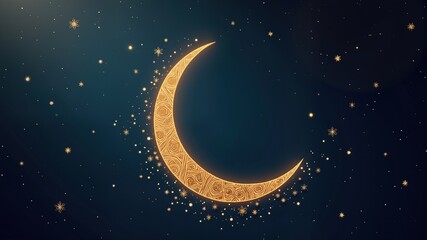 Naklejka premium A crescent moon with golden patterns, glittering stars in the background, dark sky, Ramadan concept art 