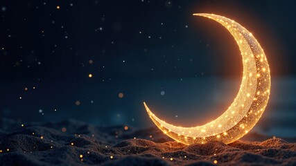 Naklejka premium A crescent moon with golden patterns, glittering stars in the background, dark sky, Ramadan concept art 