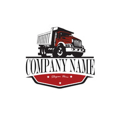 Red heavy duty dump truck logo with customizable company name and slogan on badge. © Hanif