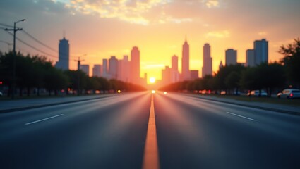 Urban horizon illuminated by the setting sun offering a path into the city