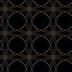 Seamless abstract geometric pattern with gold lines, circles, and shapes on black background. Ideal for fabric, wallpapers, notebooks, gift wrap, packaging, rugs, and branding.
