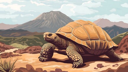 Large tortoise on a mountaintop landscape.