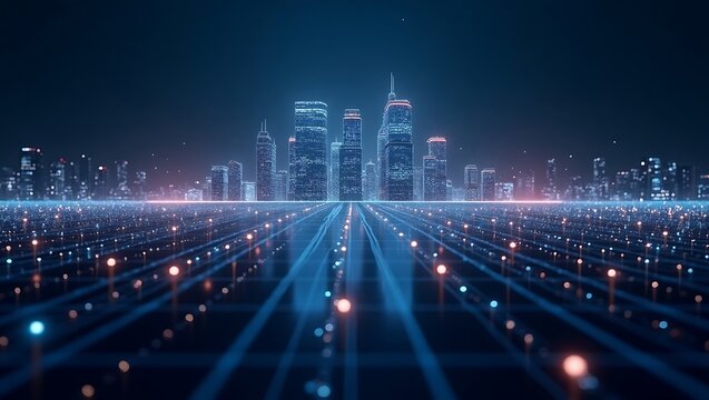 Futuristic city skyline with digital connection network in cyberspace