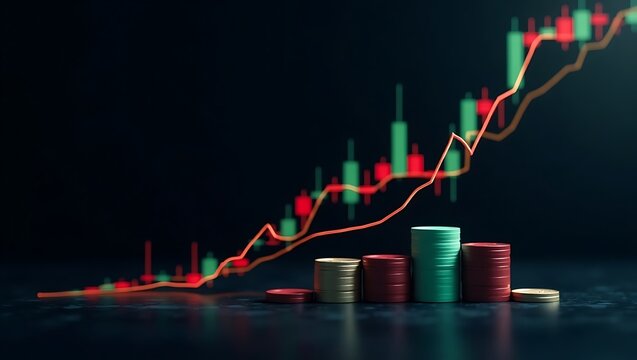 Financial Growth Visualization with Rising Chart and Coin Stacks Illustration