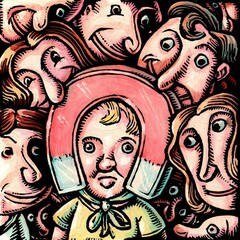 The magnetism of babies: a magnet-shaped bonnet on a little blond toddler. 