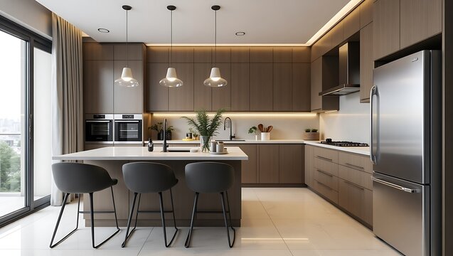 Sleek minimalist kitchen interior with island seating and modern design elements